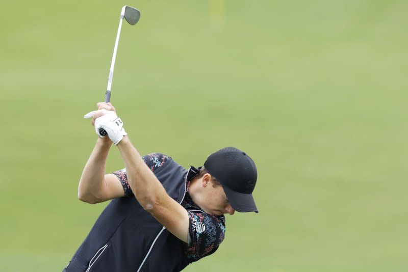 Jordan Spieth hits balls on the practice tee two days before the start of the the Masters Tournament on Tuesday at Augusta National Golf Club in Augusta, Ga. Photo by John Angelillo/UPI