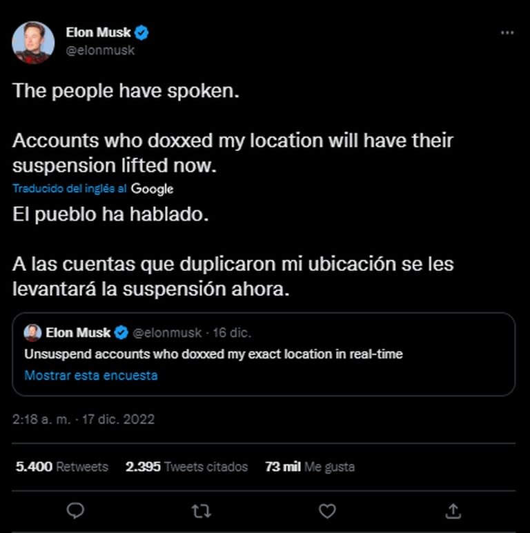 Elon Musk anunció que restablecerá las cuentas suspendidas en Twitter que fueron suspendidas (Foto: Twitter @elonmusk)