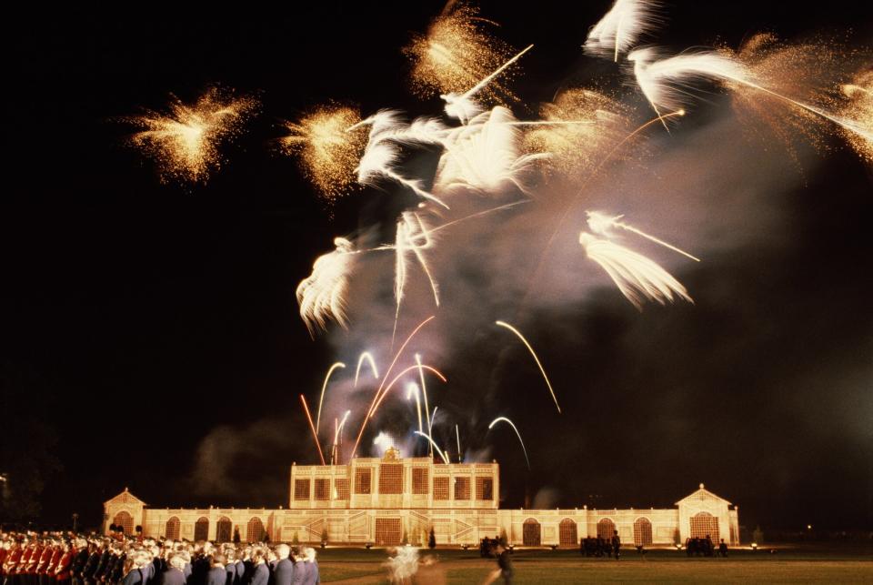 A firework display over London on the eve of Charles and Diana's wedding, 28th July 1981
