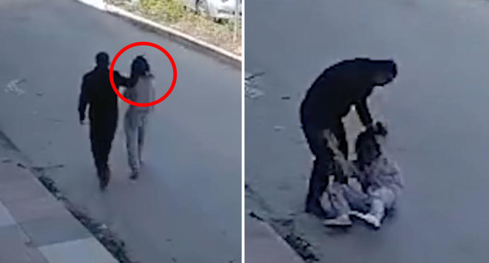 Pictured are stills of the dad grabbing daughter's hair and dragging her down the street in China.