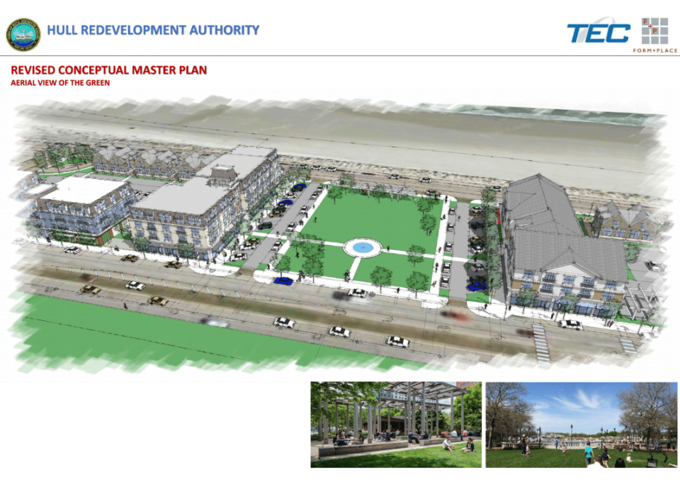 A rendering by Form + Place out of Newton of "the green" between Nantasket Avenue and Hull Shore Drive. The sketch was included in a draft Urban Renewal Plan presented by the Hull Redevelopment Authority.