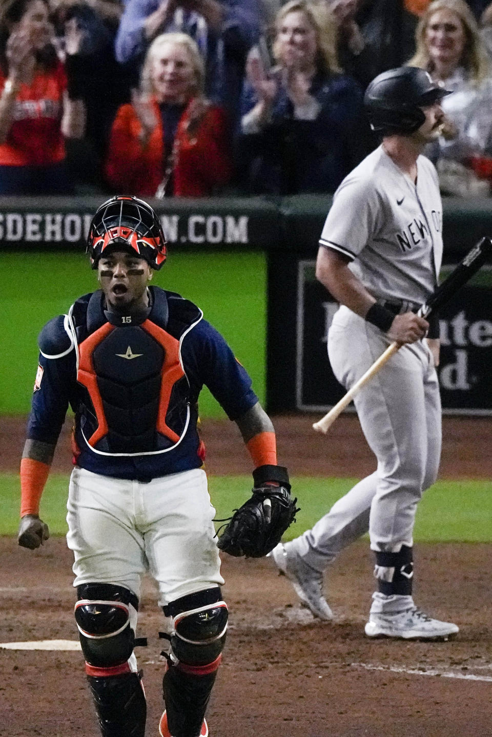 Houston Astros catcher Martin Maldonado (15) reacts to a win after Game 2 of baseball's American League Championship Series between the Houston Astros and the New York Yankees, Thursday, Oct. 20, 2022, in Houston. The Houston Astros won 3-2. (AP Photo/Sue Ogrocki )