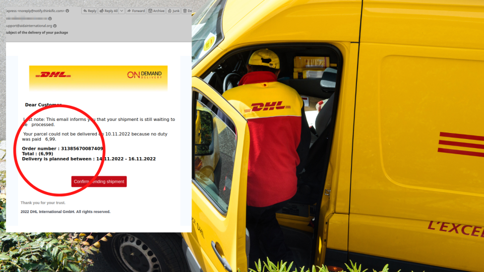 A DHL worker getting into a DHL van and a copy of the scam DHL email.