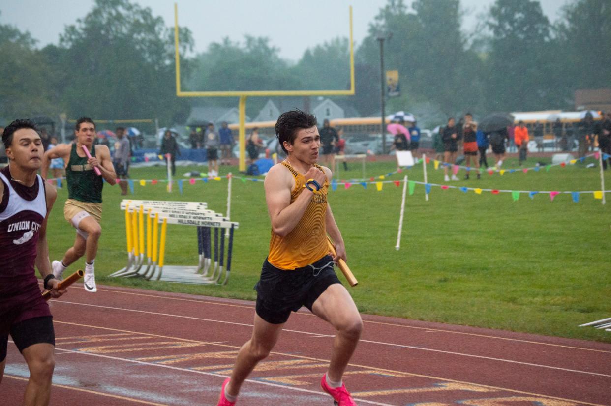 Hillsdale senior Hunter Wilson (pictured here at last season's regional finals) took first in his first true dual event of the season in the 100 and 200 meter races.