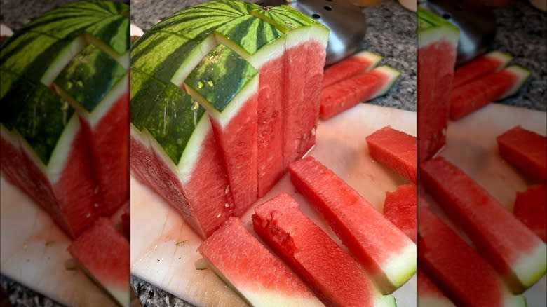 cutting watermelon sticks on board