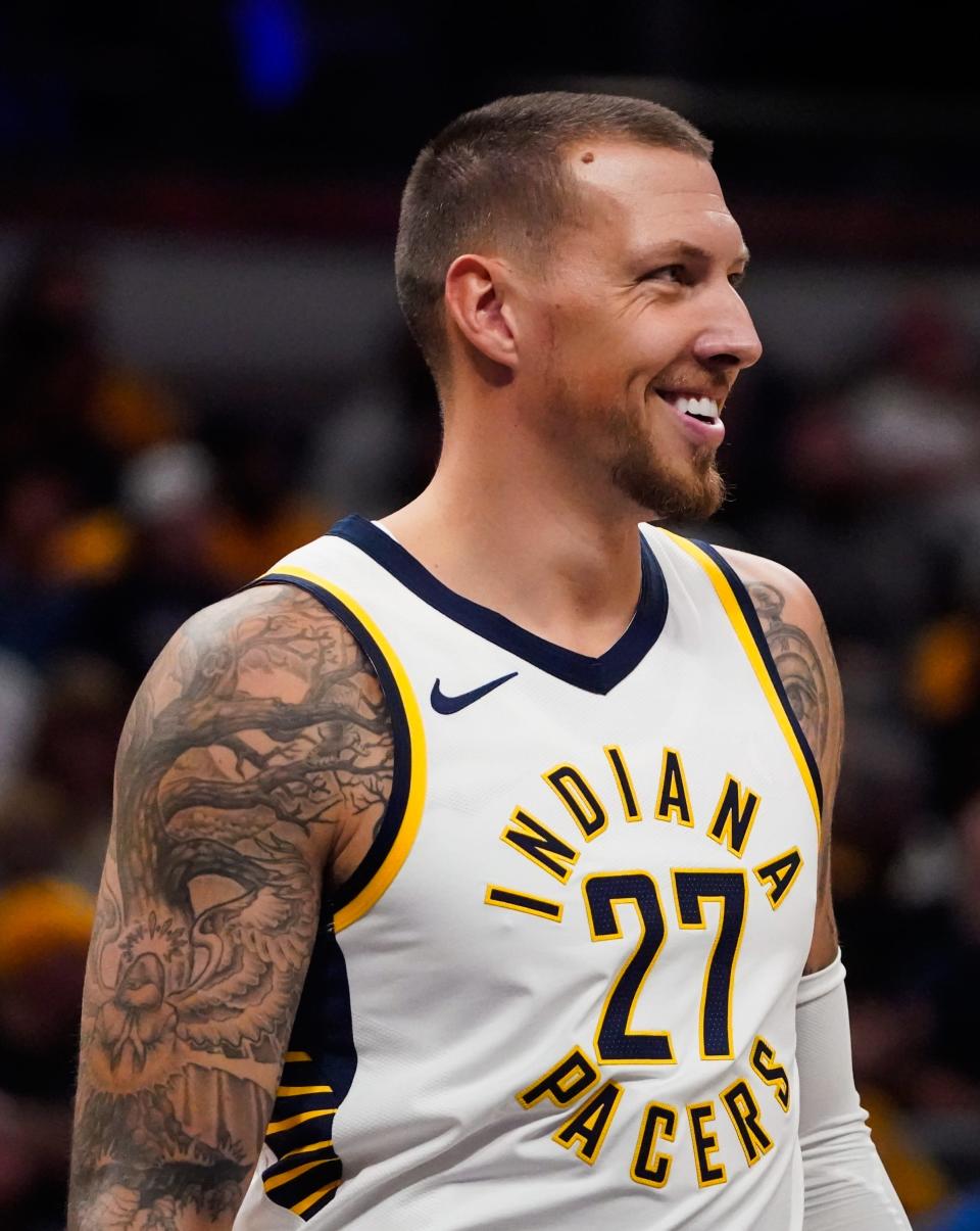 The Indiana Pacers player Daniel Theis (27) chats with teammates during the Indiana Pacers FanJam on Saturday, Oct. 14, 2023, at Gainbridge Fieldhouse in Indianapolis.