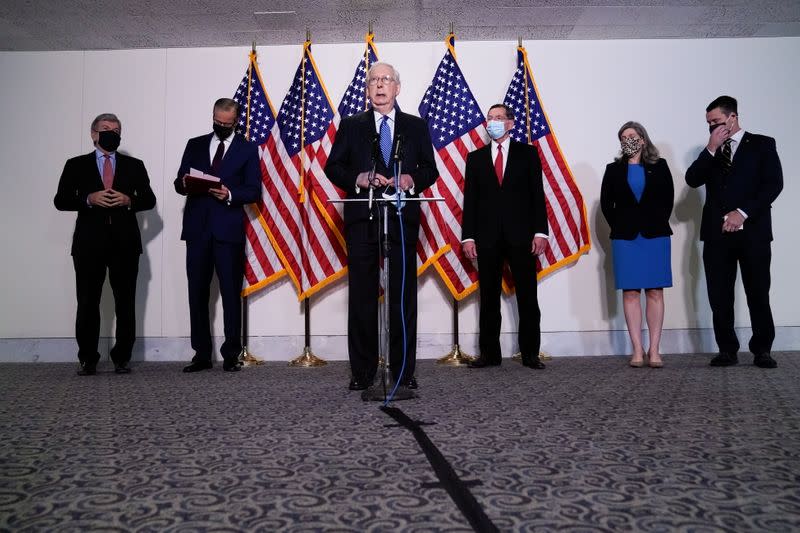 Senate Majority Leader McConnell participates in a news conference with other Senate Republicans at the U.S. Capitol in Washington