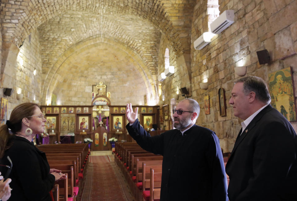 U.S. Secretary of State Mike Pompeo and his wife Susan visit a church at Byblos, Lebanon, Saturday, March 23, 2019. (Jim Young/Pool via AP)