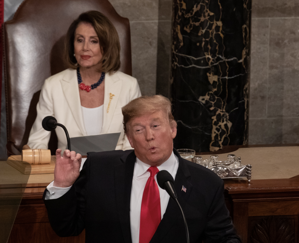 U.S. President Donald Trump delivers his second State of the Union address, with House Speaker Nancy Pelosi (D-CA), sitting behind him, to a joint session of Congress at the U.S. Capitol in Washington, D.C., on Tuesday, Feb. 5, 2019. (Photo: Cheriss May/NurPhoto via Getty Images)