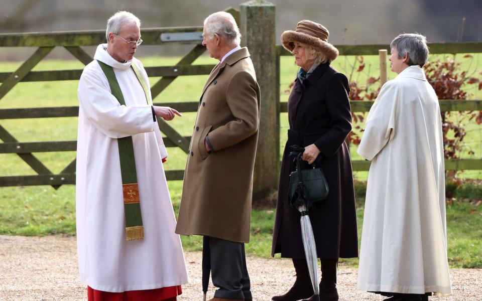 The King seemed in good spirits during his visit to St Mary Magdalene church in Sandringham on Sunday