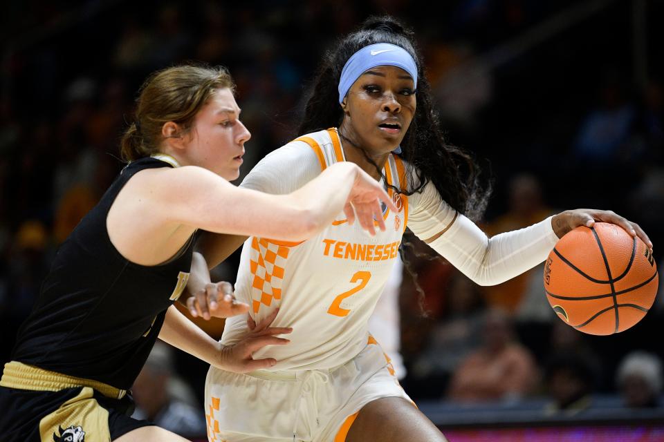 Tennessee forward Rickea Jackson (2) is defended by Wofford guard Annabelle Schultz (1) during a game between Tennessee and Wofford at Thompson-Boling Arena in Knoxville, Tenn., on Tuesday, Dec. 27, 2022.