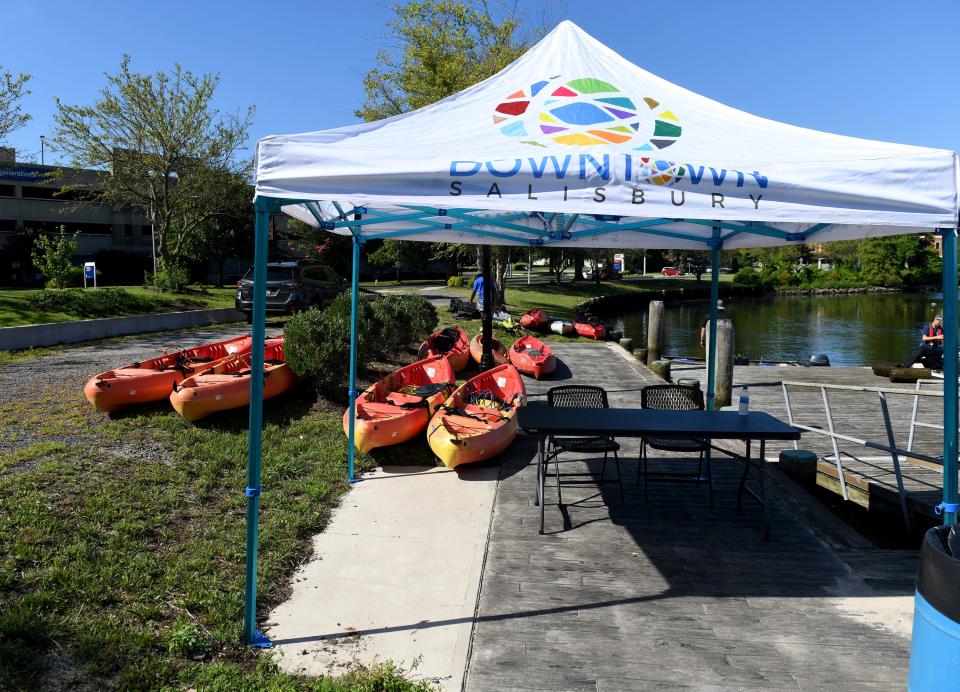 Kayaks were setup next to the Riverwalk Games Park for people to use for free Saturday, July 30, 2022, in Salisbury, Maryland.