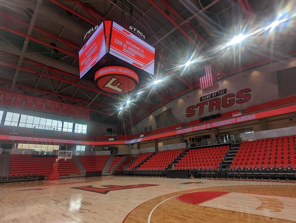 The scoreboard on the basketball court at Fairfield Univeristy.