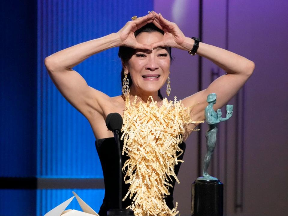 Michelle Yeoh makes an ‘EEAO’ reference while accepting the SAG award for Outstanding Performance by a Female Actor in a Leading Role (AP)