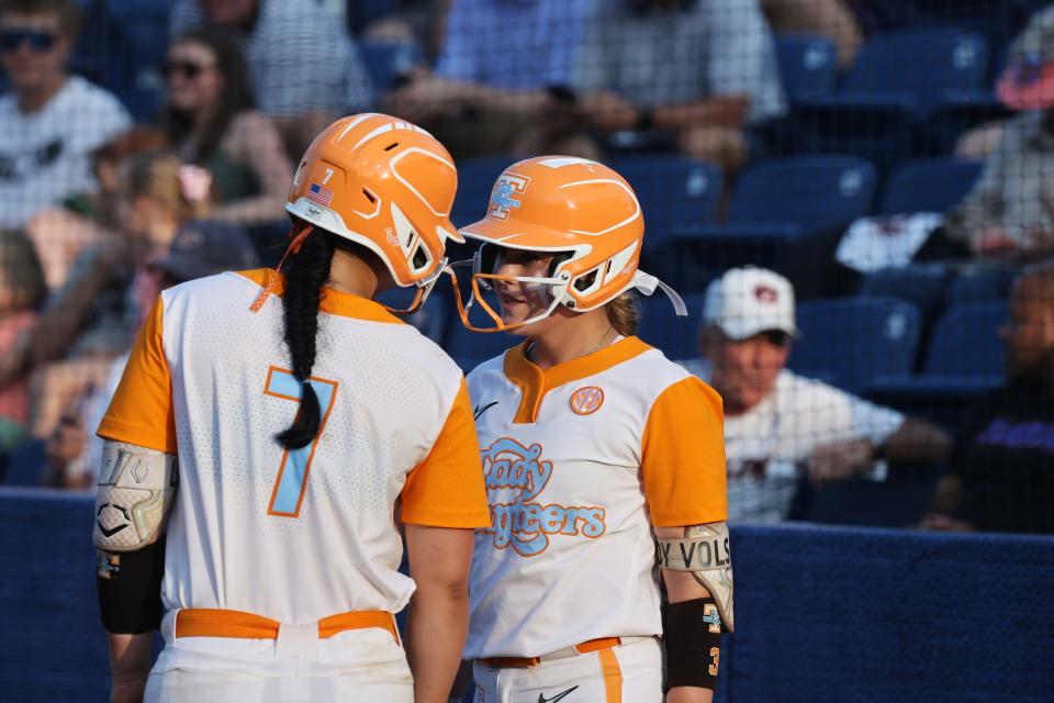 May 9, 2024; Auburn, AL, USA; Tennessee catcher Sophia Nugent (7) and infielder Taylor Pannell (3) talk between innings during the quarterfinals of the SEC Softball Championship at Jane B. Moore Field. Mandatory Credit: John Reed-USA TODAY Sports