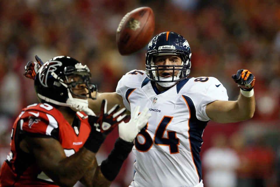 ATLANTA, GA - SEPTEMBER 17: Strong safety William Moore #25 of the Atlanta Falcons intercepts a pass intended for tight end Jacob Tamme #84 of the Denver Broncos during a game at the Georgia Dome on September 17, 2012 in Atlanta, Georgia. (Photo by Kevin C. Cox/Getty Images)