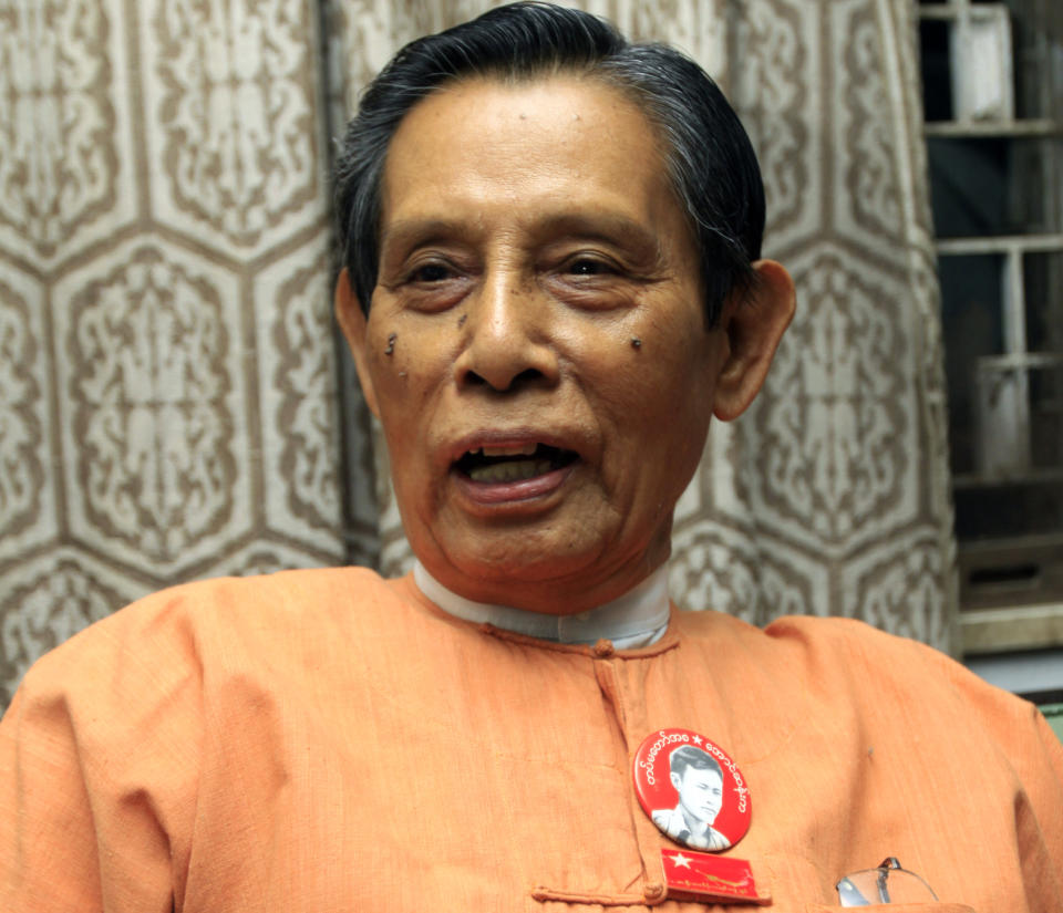 FILE - Tin Oo, deputy leader of Myanmar's National League for Democracy Party, talks to journalists at his home after he was released from nearly seven years in detention, Saturday, Feb. 13, 2010, in Yangon, Myanmar. Tin Oo, one of the closest associates of Myanmar’s ousted leader Aung San Suu Kyi as well as a co-founder of her National League for Democracy party, has died. He was 97. Tin Oo died Saturday morning, June 1, 2024, at Yangon General Hospital, said Moh Khan, a charity worker citing a member of his family. (AP Photo/Khin Maung Win, File)