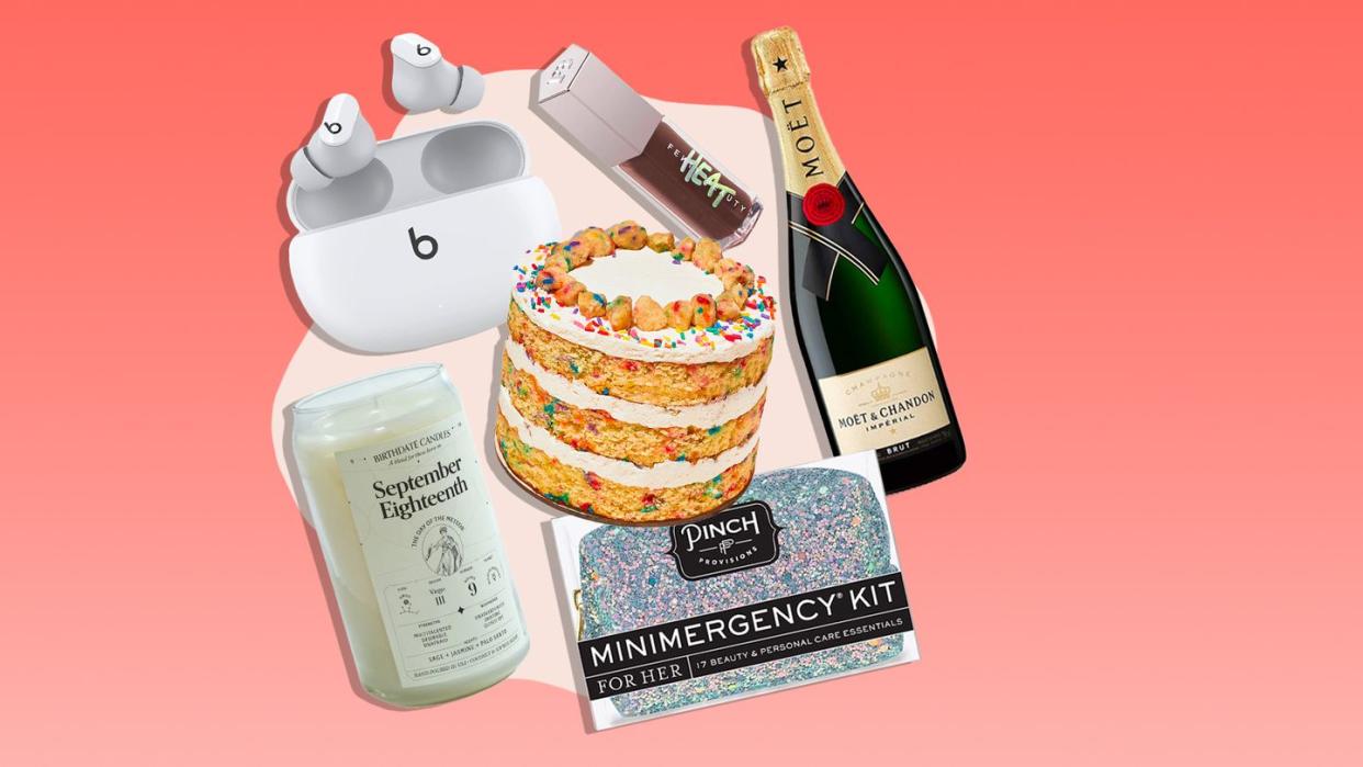 birthdate co birthday candles, milk bar the happy birthday kit, reserve bar moet and chandon imperial brut, fenty beauty gloss bomb heat universal lip luminizer and plumper, beats studio buds true wireless noise cancelling earbuds, pinch provisions minimergency kit