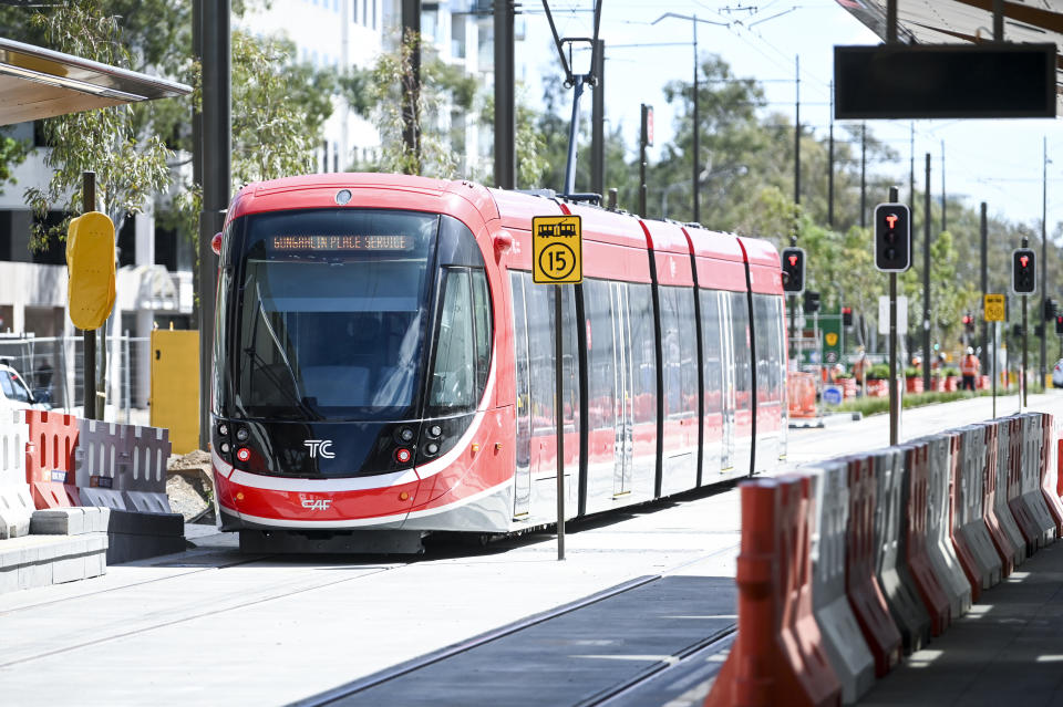 A new Canberra light rail tram is seen riding along Northbourne Avenue in Canberra onTuesday. Source: Getty Images