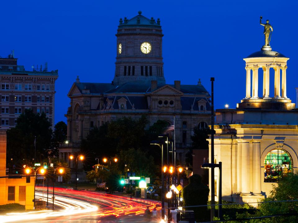 Traffic is seen in this photograph taken with a slow shutter speed in Hamilton, Ohio.