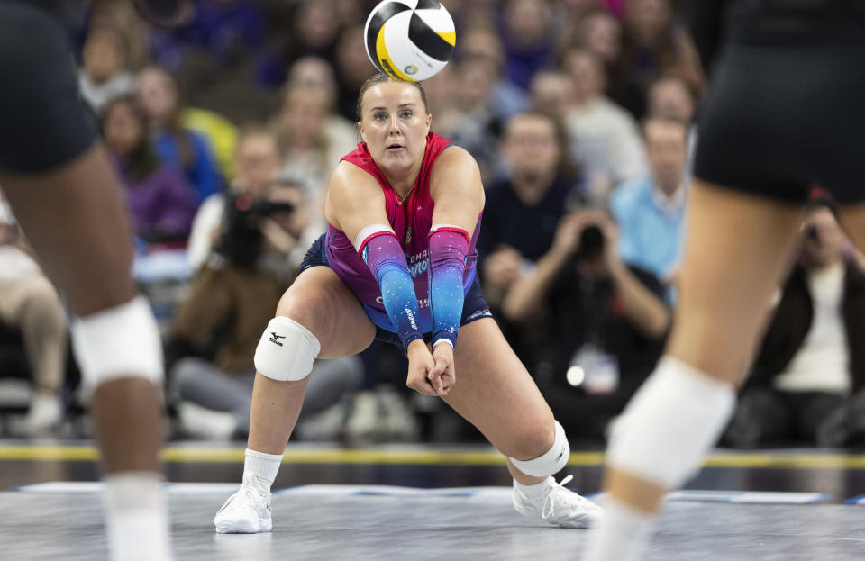 Omaha Supernovas' Kendall White digs to return a serve against the Atlanta Vibe during a Pro Volleyball Federation game Wednesday, Jan. 24, 2024, in Omaha, Neb. (AP Photo/Rebecca S. Gratz)