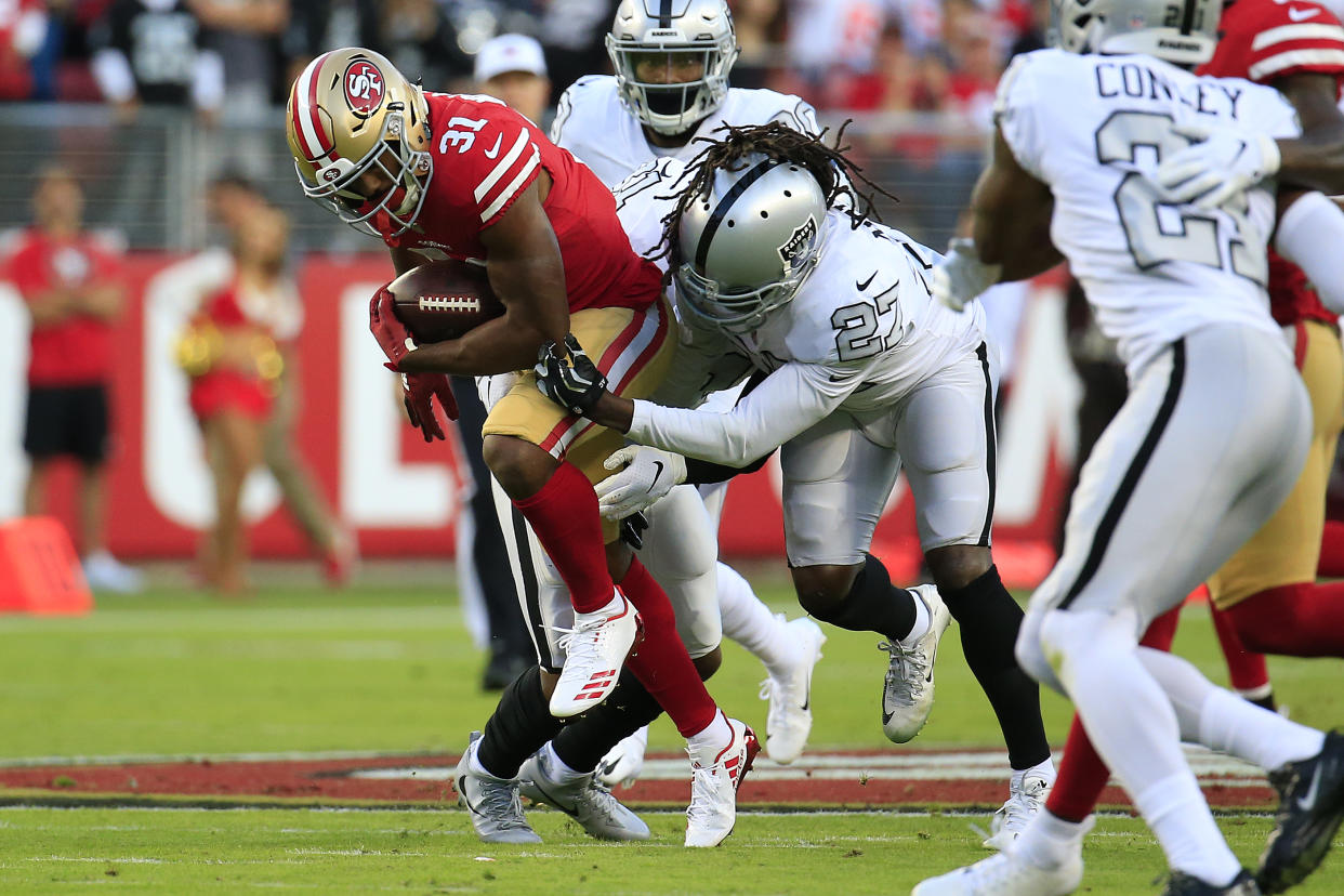 San Francisco running back Raheem Mostert suffered an ugly arm injury on a breakout night against Oakland. (Getty)