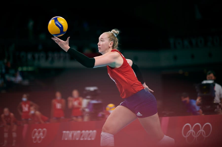 Volleyball: 2020 Summer Olympics: USA Michelle Bartsch-Hackley (14) in action vs Brazil during Women’s Final at Ariake Arena. USA wins gold. Tokyo, Japan 8/8/2021 CREDIT: Kohjiro Kinno (Photo by Kohjiro Kinno/Sports Illustrated via Getty Images) (Set Number: X163753 TK1)