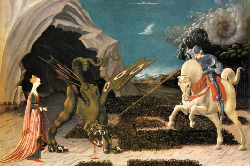 <cite>15 世紀一幅描繪聖喬治與惡龍搏鬥、救出公主的畫作，畫家為保羅·烏切洛。（取自維基百科／公有領域）</cite>