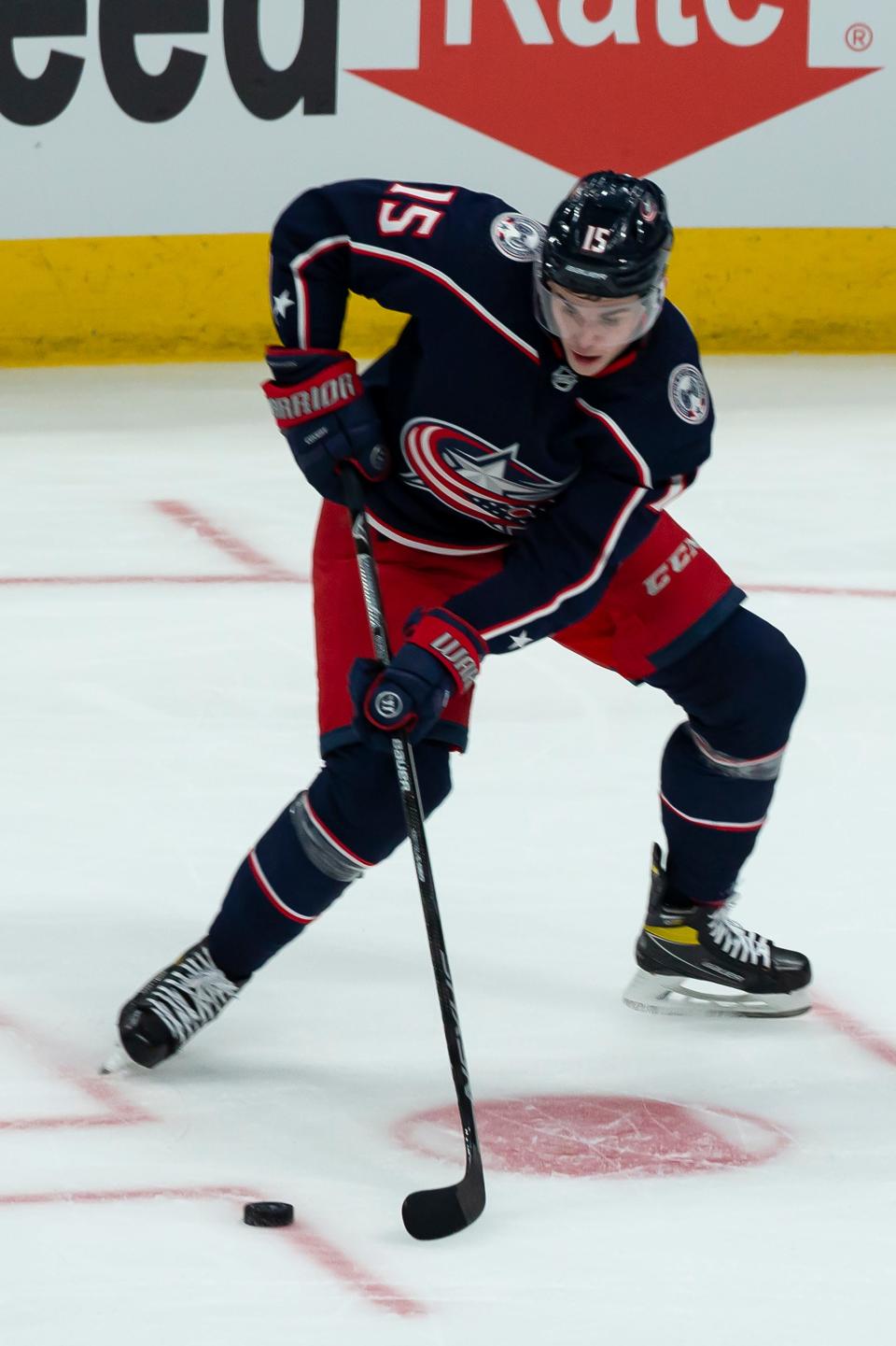 Columbus Blue Jackets left wing Gregory Hofmann (15) receives a pass during the NHL home opener at Nationwide Arena in Columbus, Ohio Oct. 14.