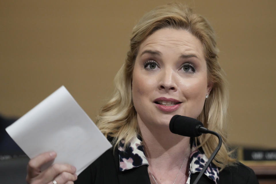 FILE - Rep. Ashley Hinson, R-Iowa, questions witnesses during a hearing of a special House committee dedicated to countering China, on Capitol Hill, Feb. 28, 2023, in Washington. House Republicans are touting their debt limit package as a first step toward fiscal restraint. They say it's past time for Congress to reduce the swelling deficits that they say are threatening the fiscal health of the country. But a group of Midwestern Republicans went to Speaker Kevin McCarthy's office this week on a mission to preserve billions of dollars in federal support for biofuels and ethanol. (AP Photo/Alex Brandon, File)