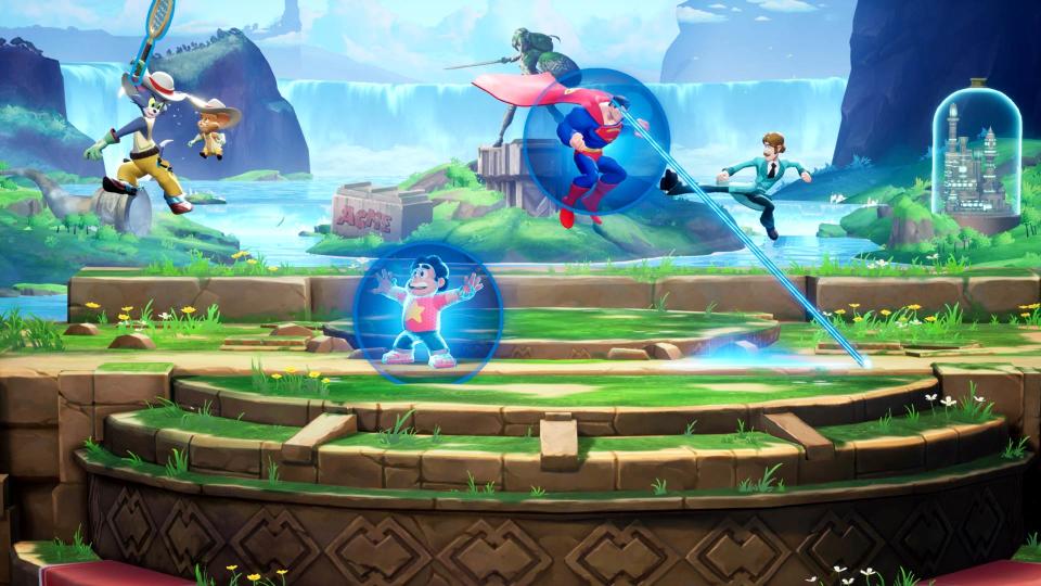 Tom, Steven Universe, Super Man, and Shaggy battle it out on a MultiVersus stage