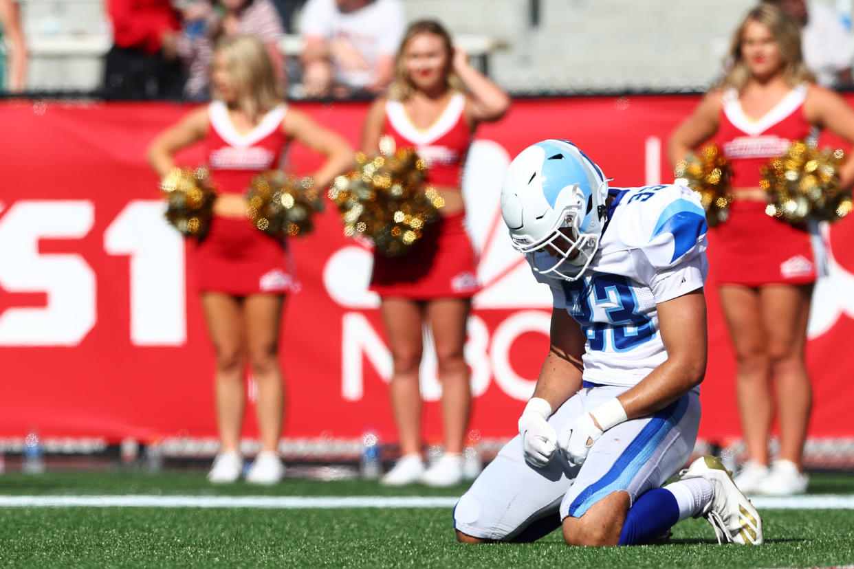 BIRMINGHAM, ALABAMA - JUNE 04: Greg Eisworth II #33 of the New Orleans Breakers reacts after missing a possible interception in the fourth quarter of the game against the Birmingham Stallions at Legion Field on June 04, 2022 in Birmingham, Alabama. (Photo by Elsa/USFL/Getty Images)