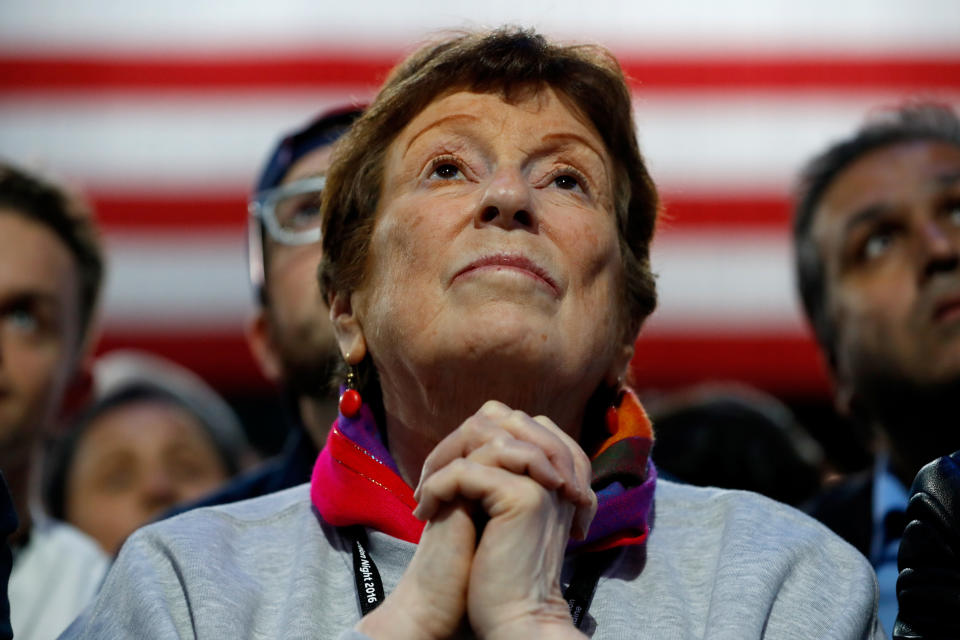 A woman watches voting results at Democratic presidential nominee former Secretary of State Hillary Clinton's election night event.