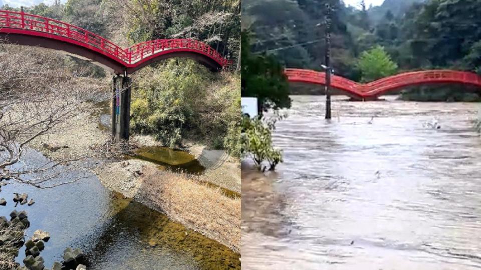 網友貼出養老溪谷前後對比圖，可看出河水嚴重氾濫。（圖／翻攝自@ZanEngineer推特）