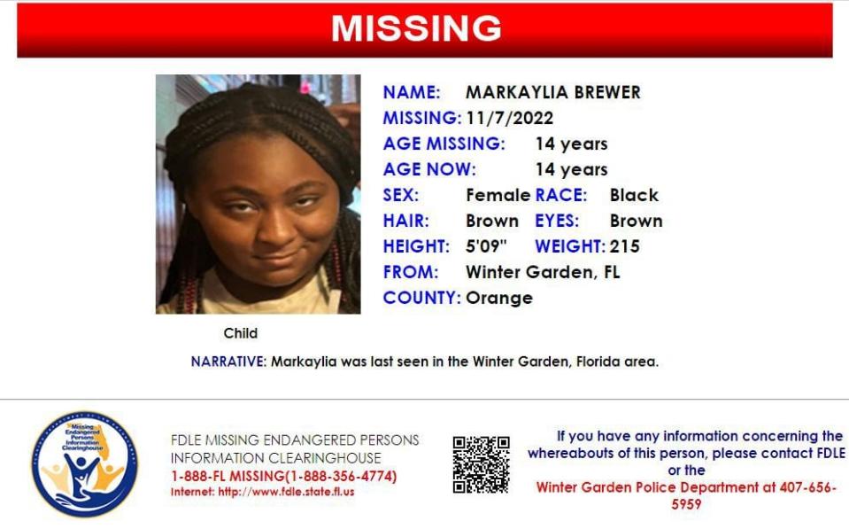 Markaylia Brewer was last seen in Winter Garden on Nov. 7, 2022.