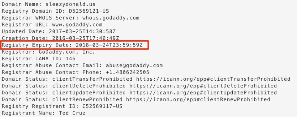 The January 2018 registration record for SleazyDonald.us shows an&nbsp;expiration date in March 2018. (Photo: )
