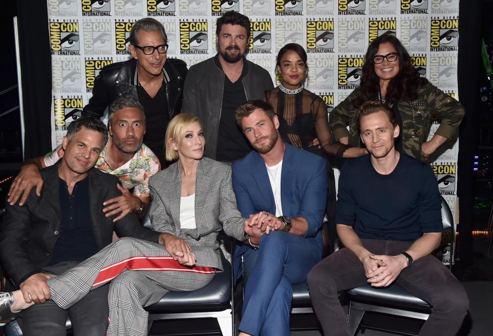 <p>The cast backstage. (Back row) Jeff Goldblum, Karl Urban, Tessa Thompson, Rachel House (front row) Mark Ruffalo, director Taika Waititi, Cate Blanchett, Chris Hemsworth, and Tom Hiddleston (Photo by Alberto E. Rodriguez/Getty Images) </p>