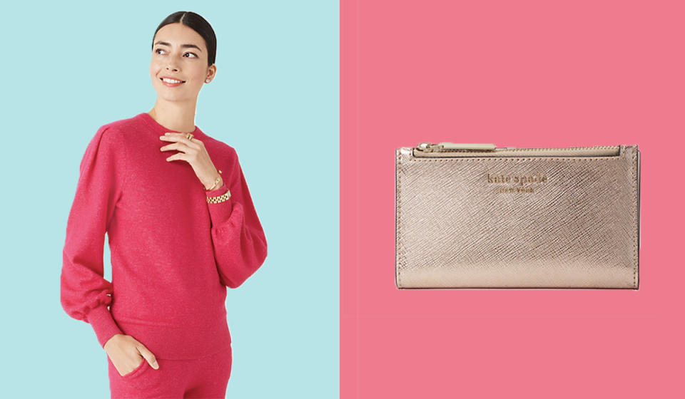 Woman wearing a pink outfit; gold wallet