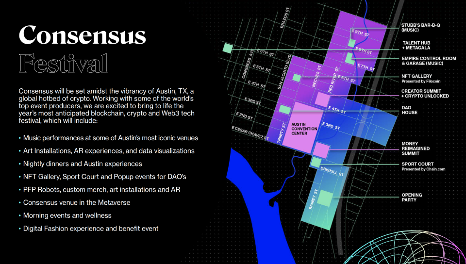 A map shows the layout for Consensus Festival, a multiday event focused on emerging technologies such as cryptocurrency, NFTs and Web3 that will be held in Austin in June.