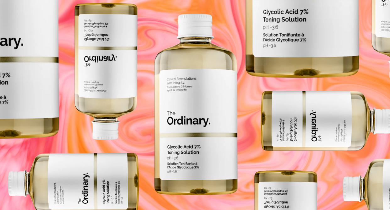 collage of different sized bottles of The Ordinary's Glycolic Acid 7% Toning Solution on orange and pink swirl background