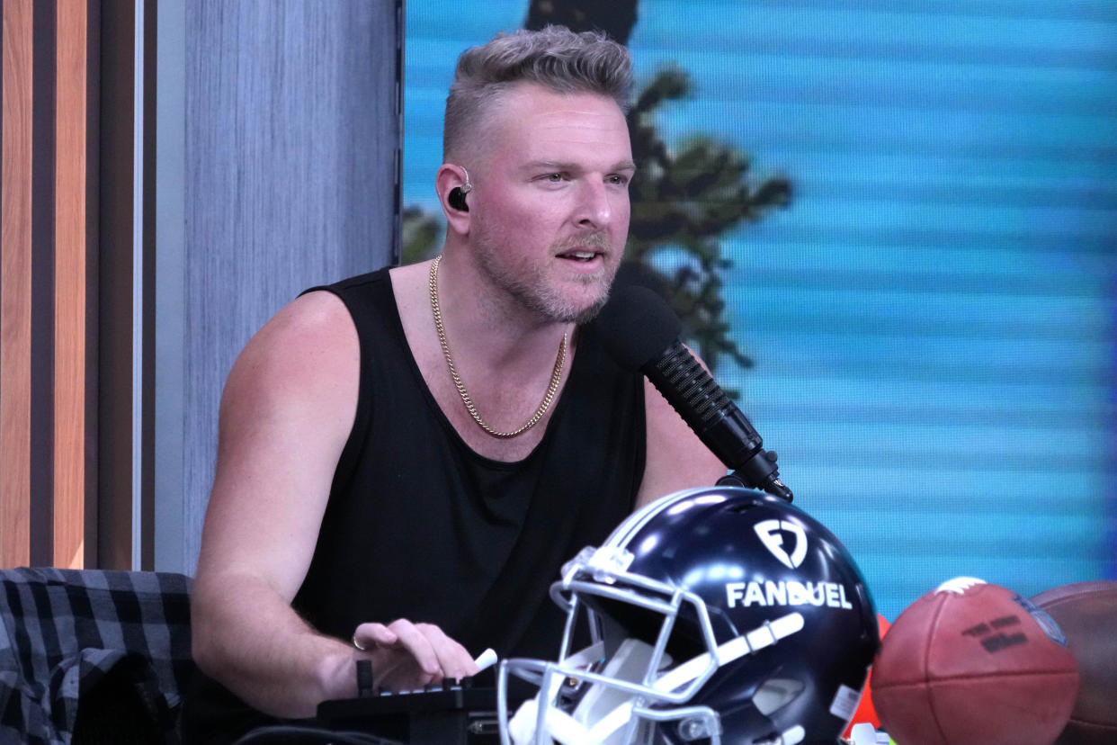 Feb 9, 2023; Phoenix, AZ, USA; Pat McAfee on the FanDuel set on radio row at the Super Bowl LVII media center at the Phoenix Convention Center. Mandatory Credit: Kirby Lee-USA TODAY Sports