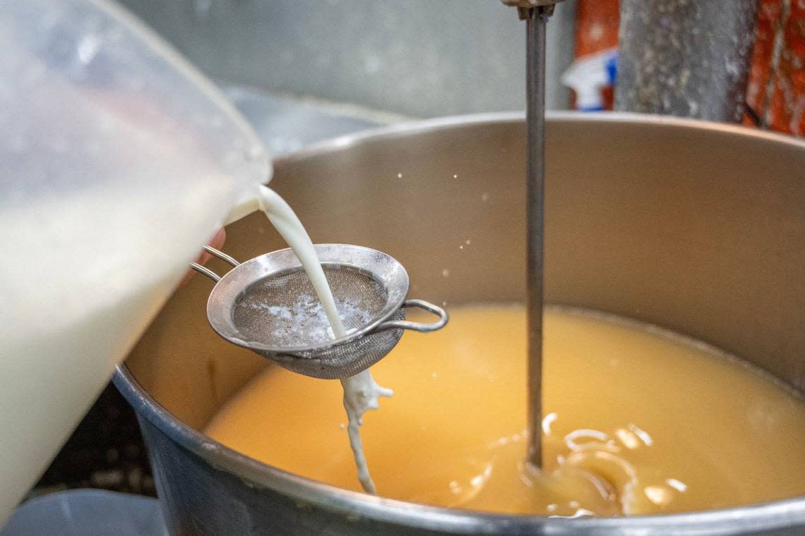 Goat’s milk is added to a blend of oils in the early steps of making the Zum Bars.