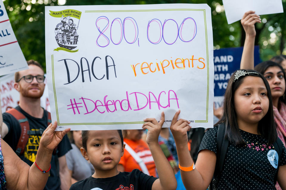 <p>Activists rallied in Columbus Circle and marched from there to Trump Tower in protest of President Trump’s possible elimination of the Obama-era “Deferred Action for Childhood Arrivals” (DACA), which curtails deportation of an estimated 800,000 undocumented immigrants. (Photo: Albin Lohr-Jones/Pacific Press/LightRocket via Getty Images) </p>