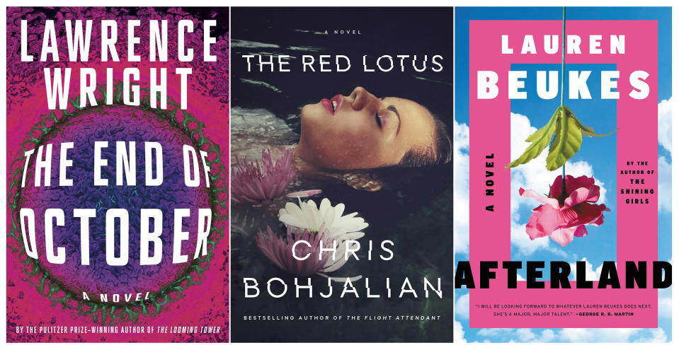 This combination of photos shows, from left, "The End of October," by Lawrence Wright, "The Red Lotus," by Chris Bohjalian and "Afterland" by Lauren Beukes. Novels coming out now and written before the coronavirus pandemic use plagues to explore everything from gender roles to our own failure to anticipate the worst. (Knopf, from left, Doubleday, Mulholland Books via AP)