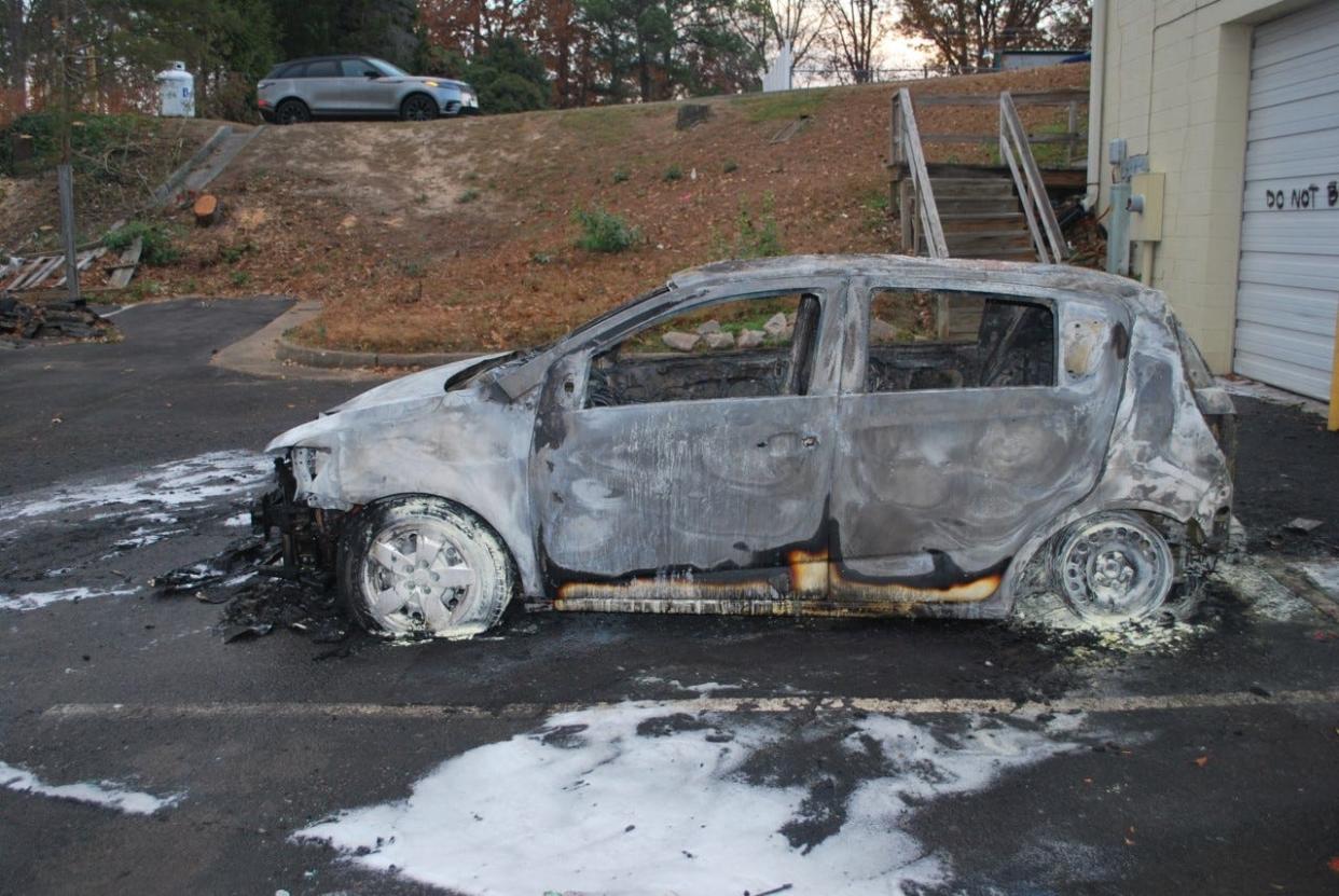 This photo shows one of two vehicles set fire while at Allen Tire in Chester Sunday, Dec. 5, 2021.