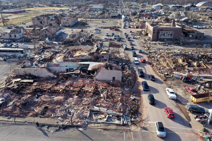 Homes and businesses were destroyed after a tornado ripped through Mayfield, Ky., on Dec. 10, 2021. Twisters touched down in multiple Midwest states, causing widespread destruction and death.