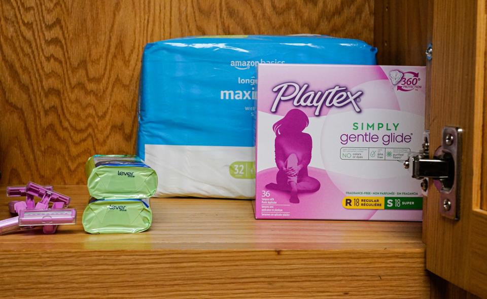 HamCo Love donated menstrual hygiene products are provided on Tuesday, June 29, 2022, at the Delaware Township Trustees Food Pantry. HamCo Love is a nonprofit based in Hamilton County which provides products for menstrual hygiene management. 