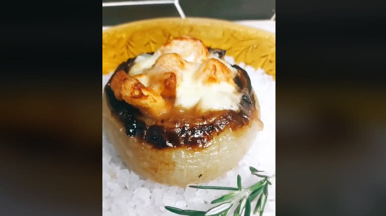 French onion soup in an onion bowl