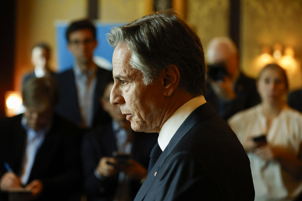 U.S. Secretary of State Antony Blinken speaks to the media after participating in the so-called "2+2 Dialogue" in New Delhi, India, Friday, Nov. 10, 2023. (Jonathan Ernst/Pool via AP)