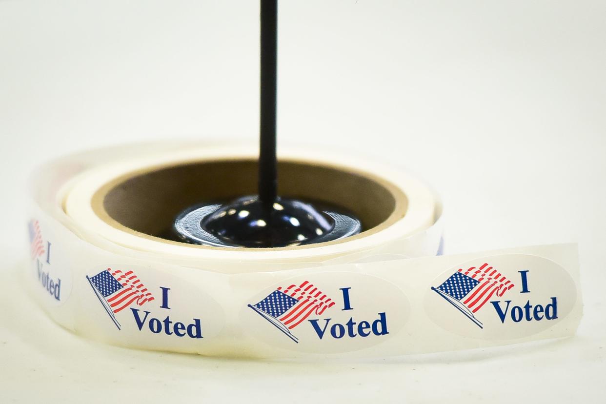 "I voted" stickers at the ballot table during election day at Mohawk Valley Community College on Tuesday, Nov. 2, 2021 in Utica.